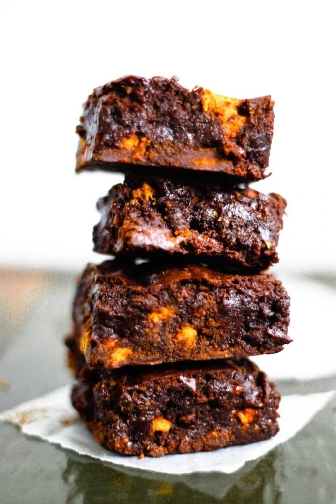 butterscotch cocoa brownies in a stack