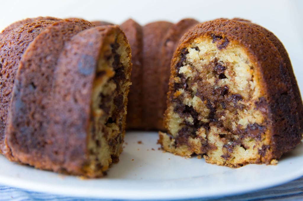 chocolate chip coffee cake with piece cut out