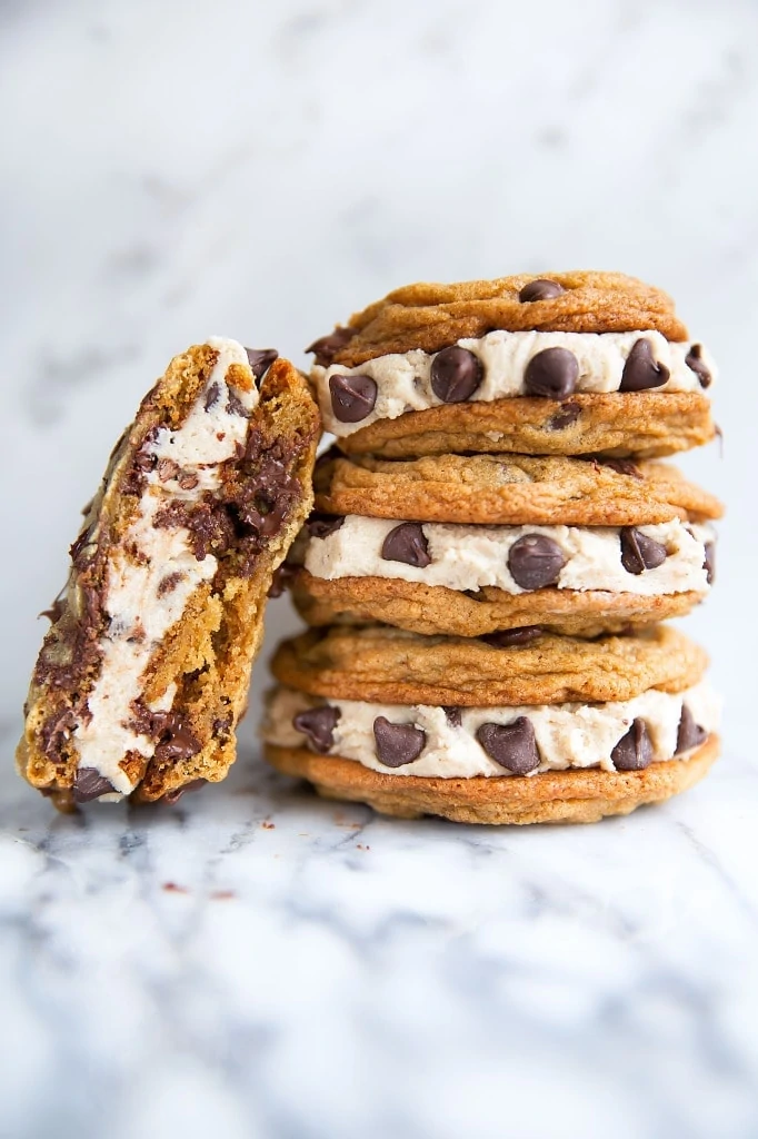 chocolate chip cookie sandwich with cookie dough frosting