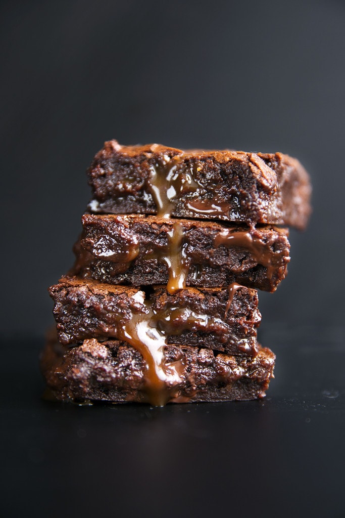 Salted caramel brownies in a stack