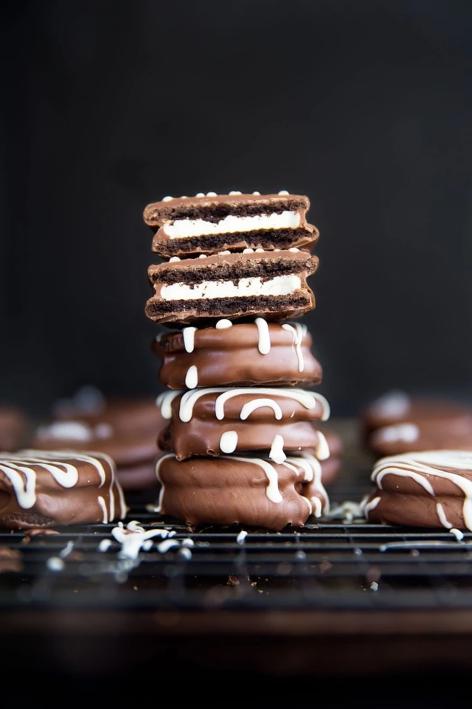 chocolate covered oreos stacked 