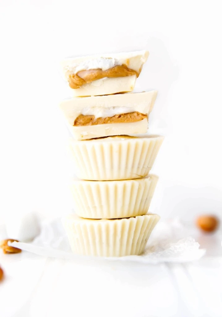 White Chocolate Peanut Butter Fluff Cups in a stack