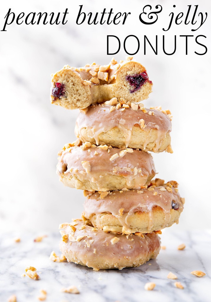 Your childhood favorite just got a makeover: Peanut Butter and Jelly Donuts stuffed with jelly and topped with peanut butter glaze and chopped peanuts!