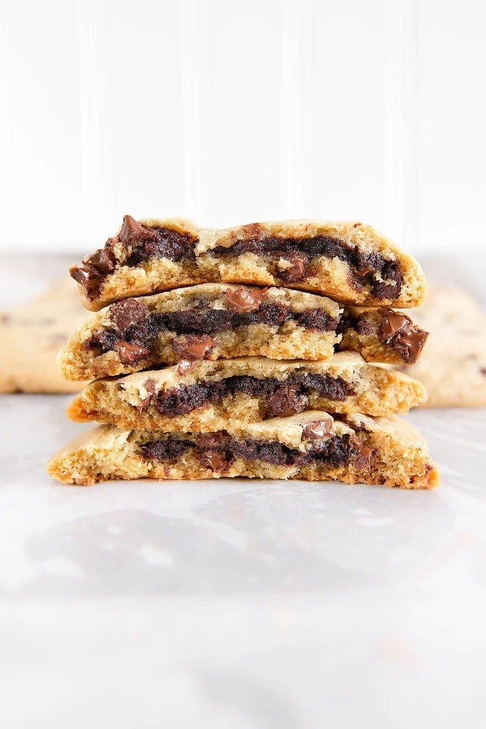 stuffed chocolate chip cookies in a stack