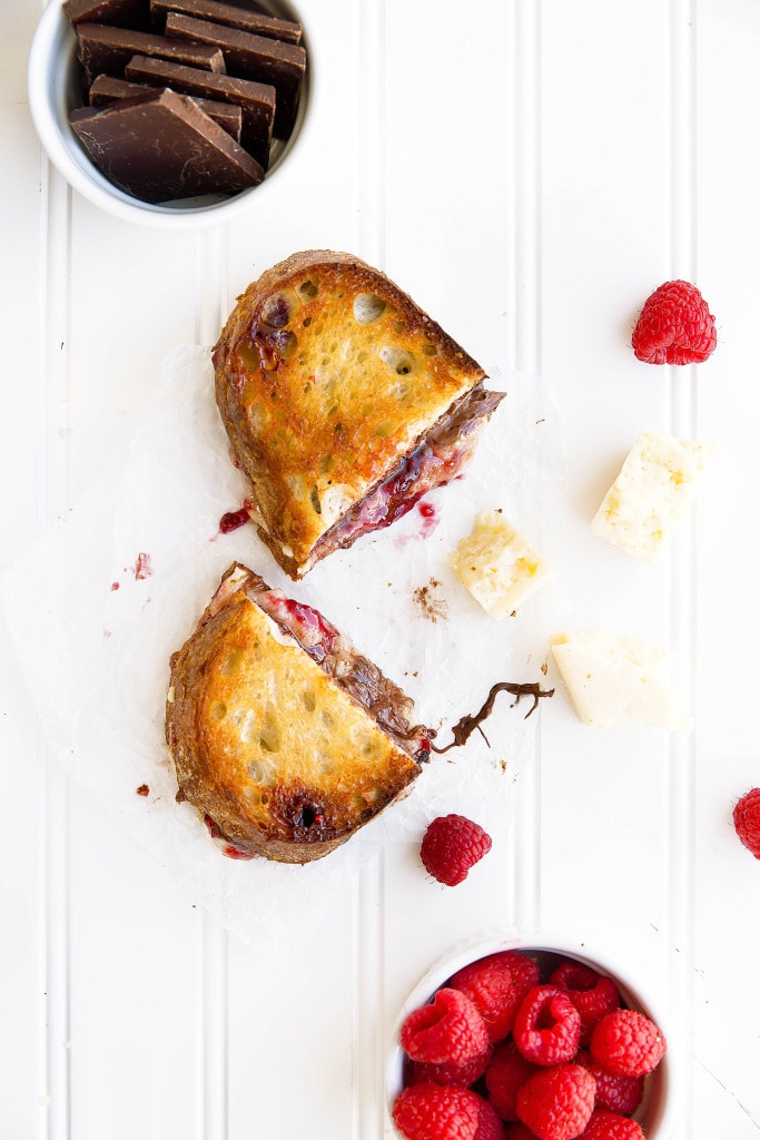 Nutty Havarti cheese is paired with Nutella and raspberry jam to make the tastiest grilled cheese I've ever had!