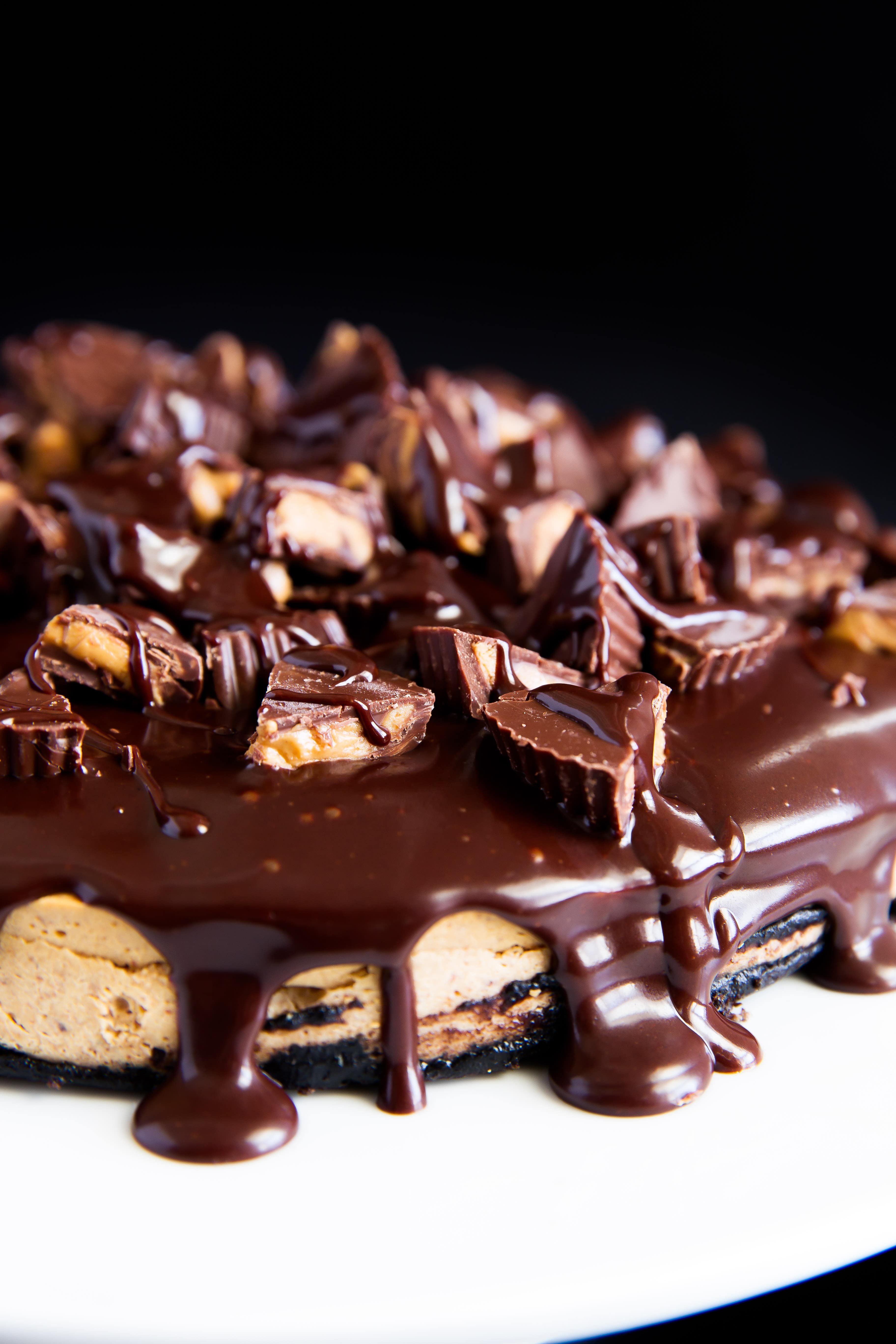 chocolate peanut butter cheesecake topped with ganache and peanut butter cups