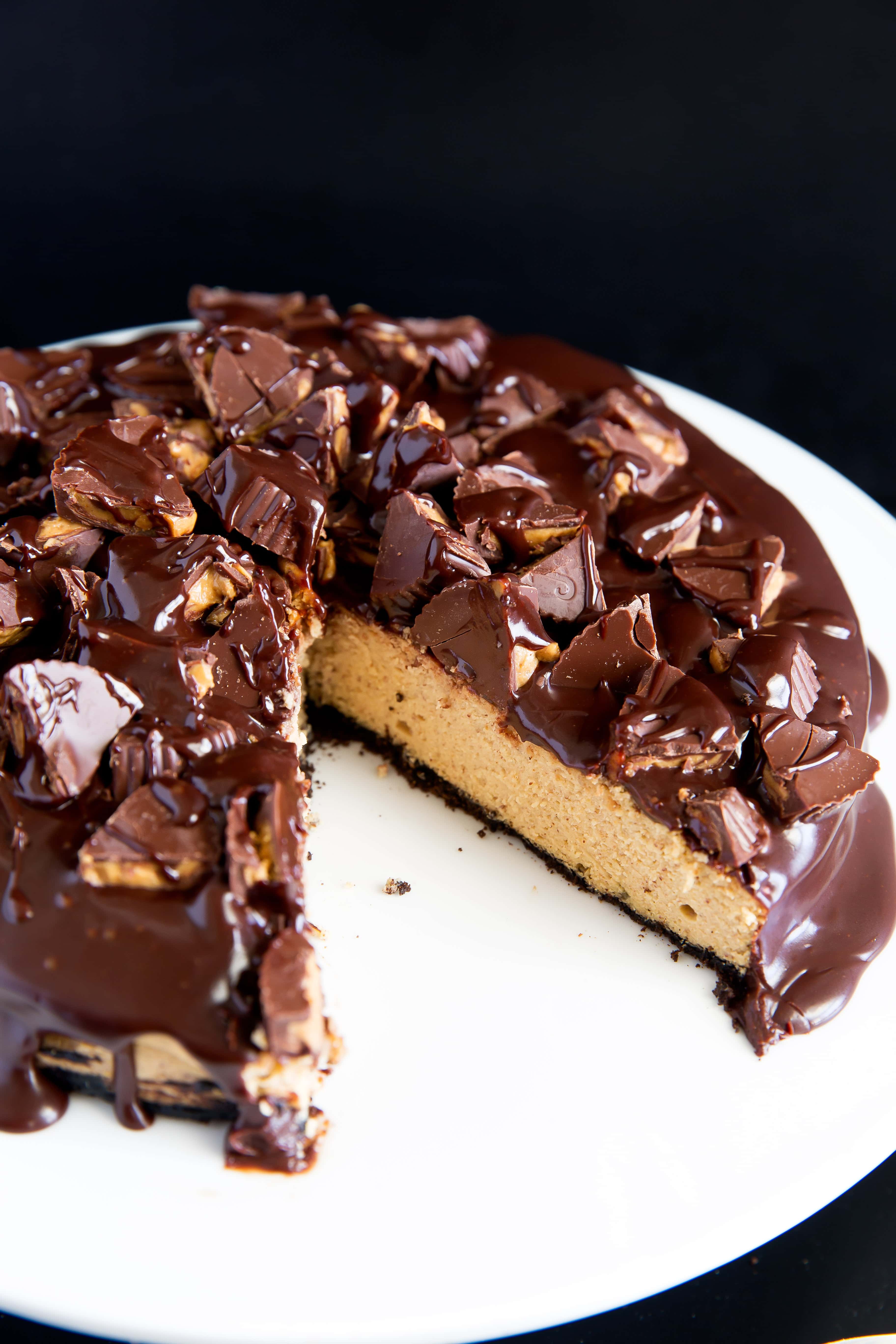 sliced chocolate peanut butter cheesecake