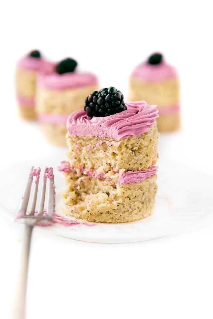 Scrumptious earl grey-infused cakes topped with a roasted blackberry buttercream