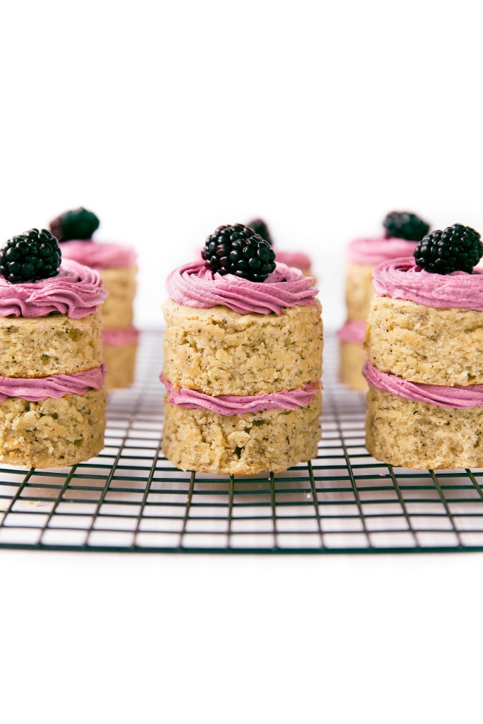 Scrumptious earl grey-infused cakes topped with a roasted blackberry buttercream