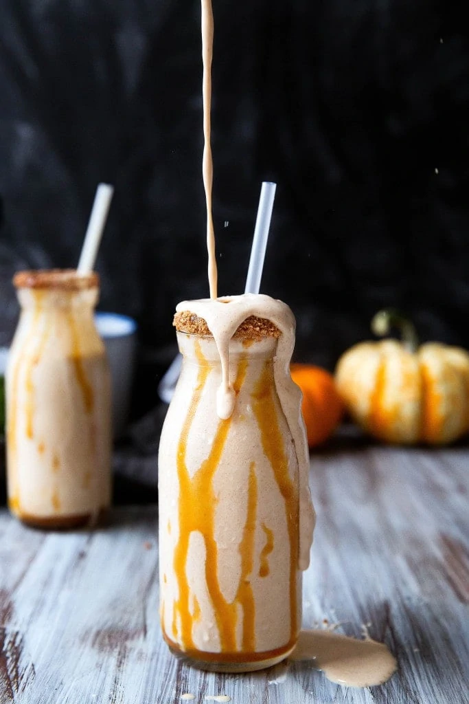 Boozy pumpkin milkshake with caramel sauce