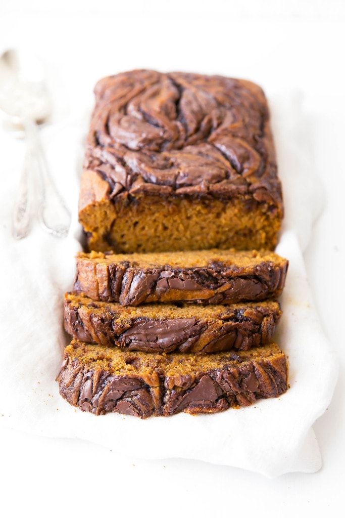 An epic spiced pumpkin bread swirled with thick ribbons of Nutella. One bite and you're in pumpkin heaven.
