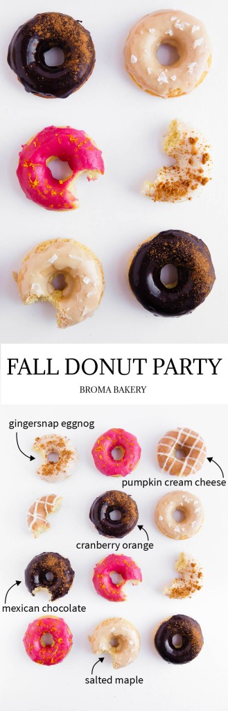 It's a Donut Party! Moist buttermilk donuts are glazed in five different quintessential fall flavors.