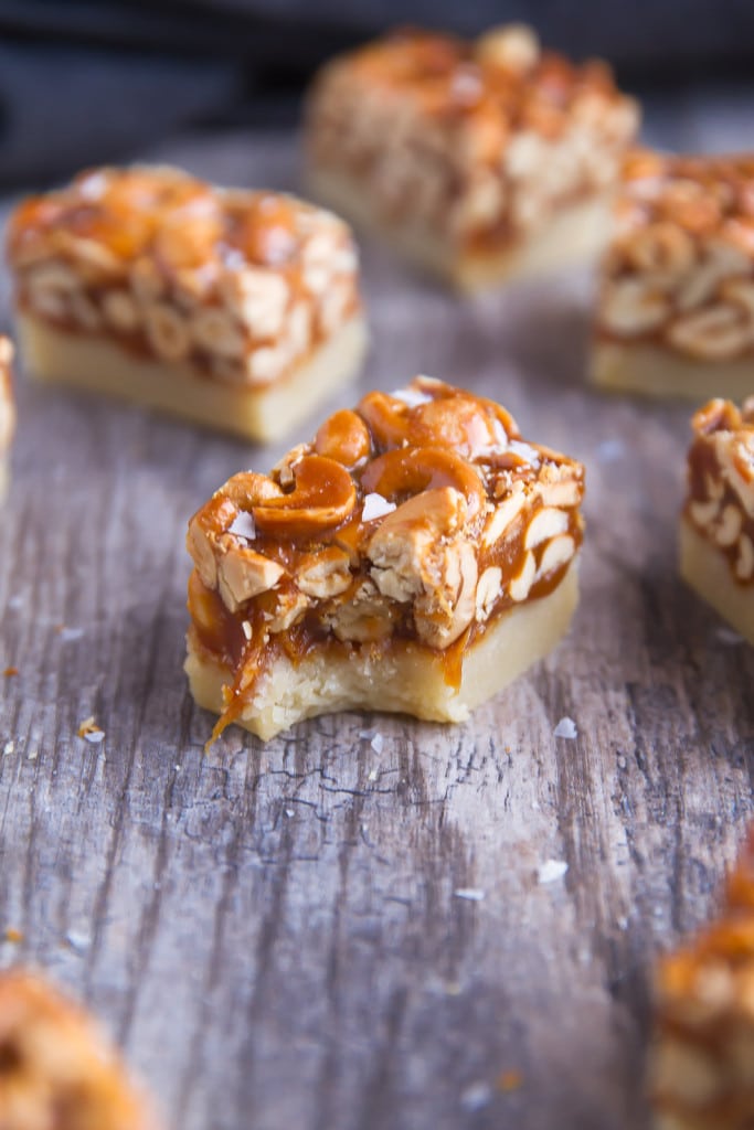 A thick and chewy caramel cashew bar with a cookie-like shortbread crust!