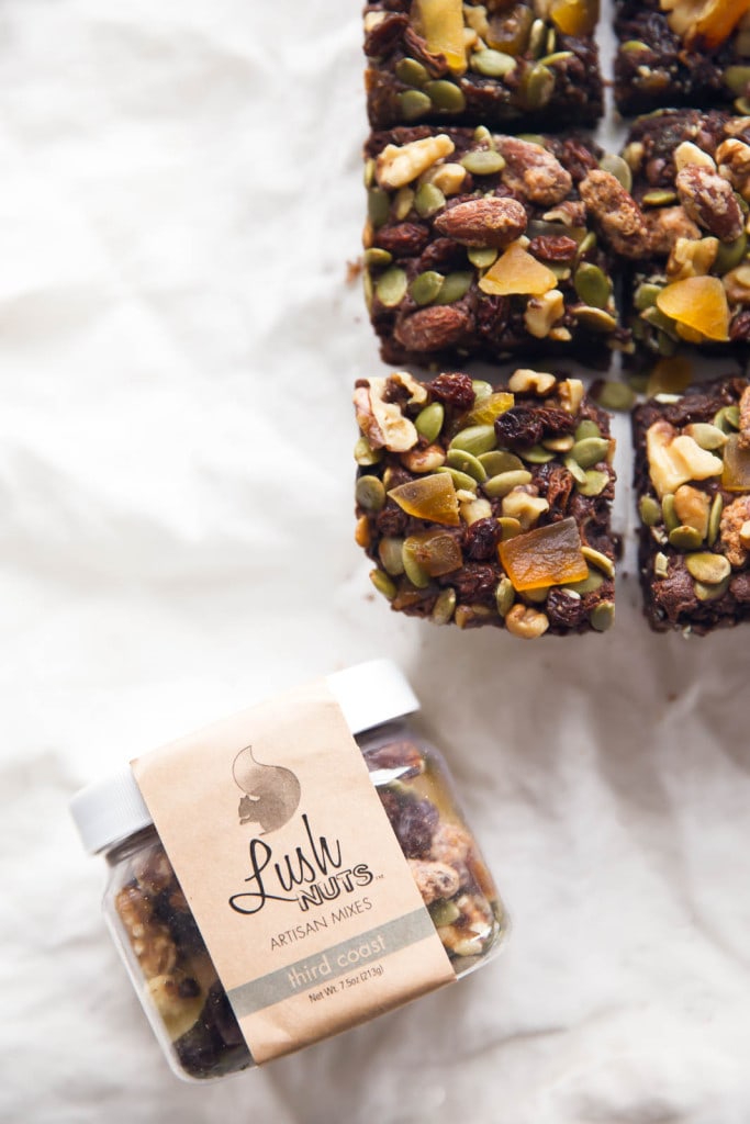 A fudgy brownie topped with Lush Nuts trail mix! 