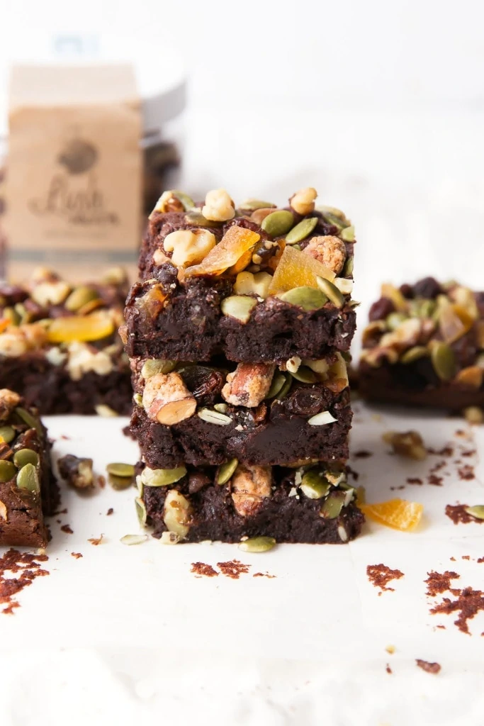 A fudgy brownie topped with Lush Nuts trail mix! 