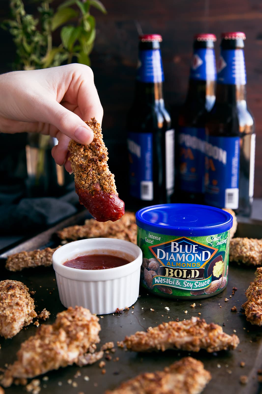 Wasabi-Almond Crusted Chicken Tenders with can of almonds