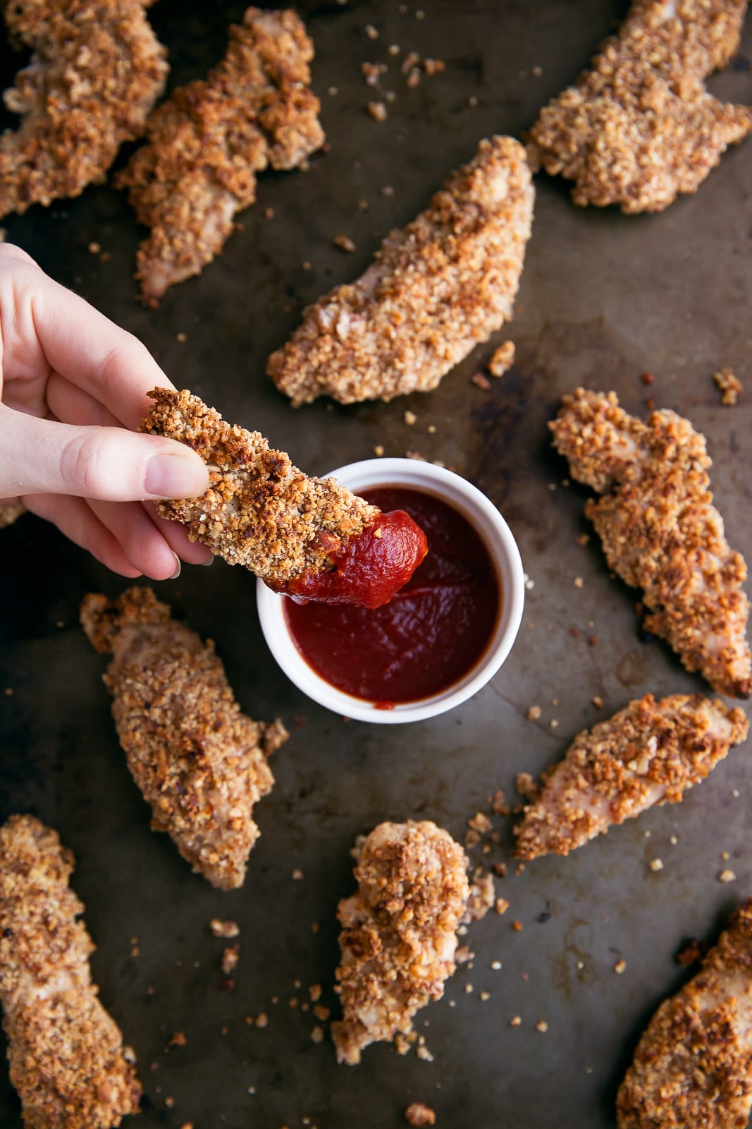 Wasabi-Almond Crusted Chicken Tenders with ketchup