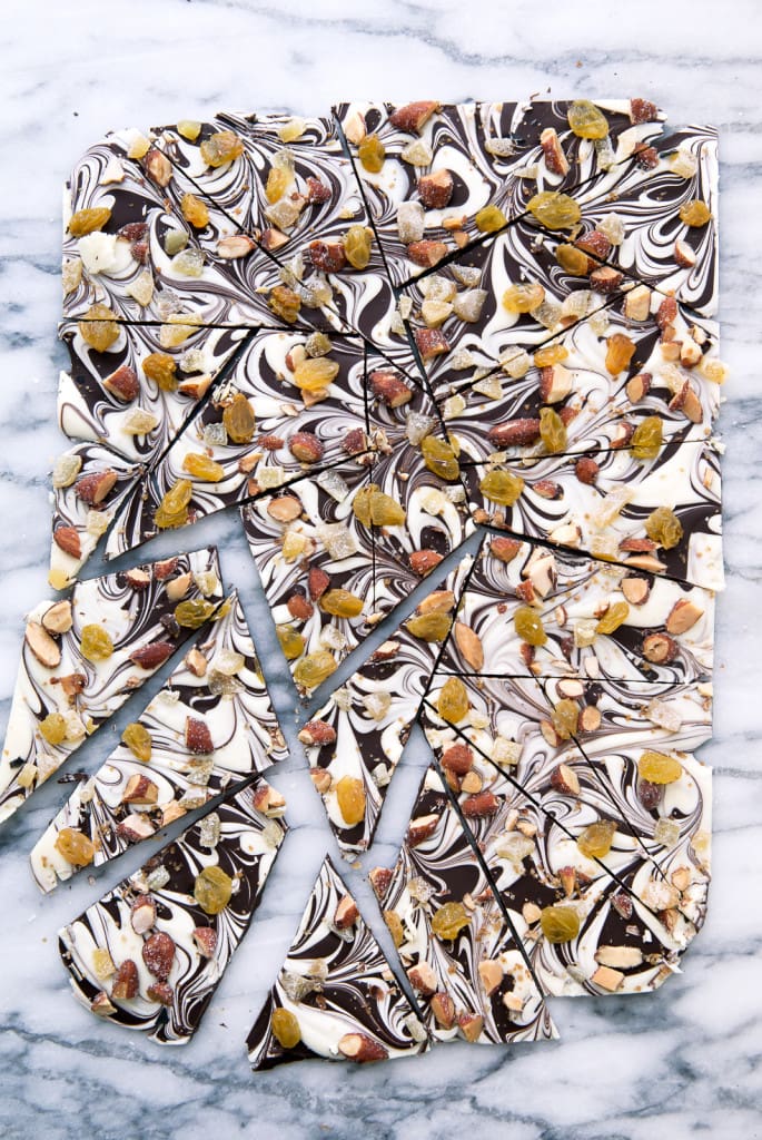 A festive dark and white chocolate bark with golden accents perfect for New Year's Eve!