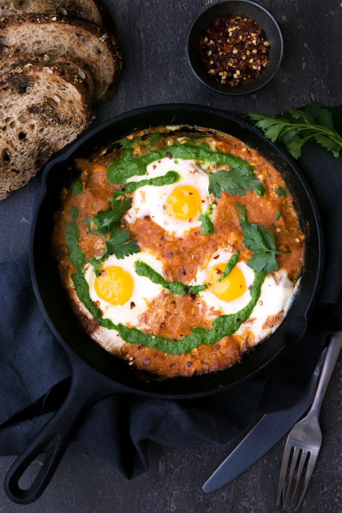 shakshuka (eggs in hell) in a cast iron skillet
