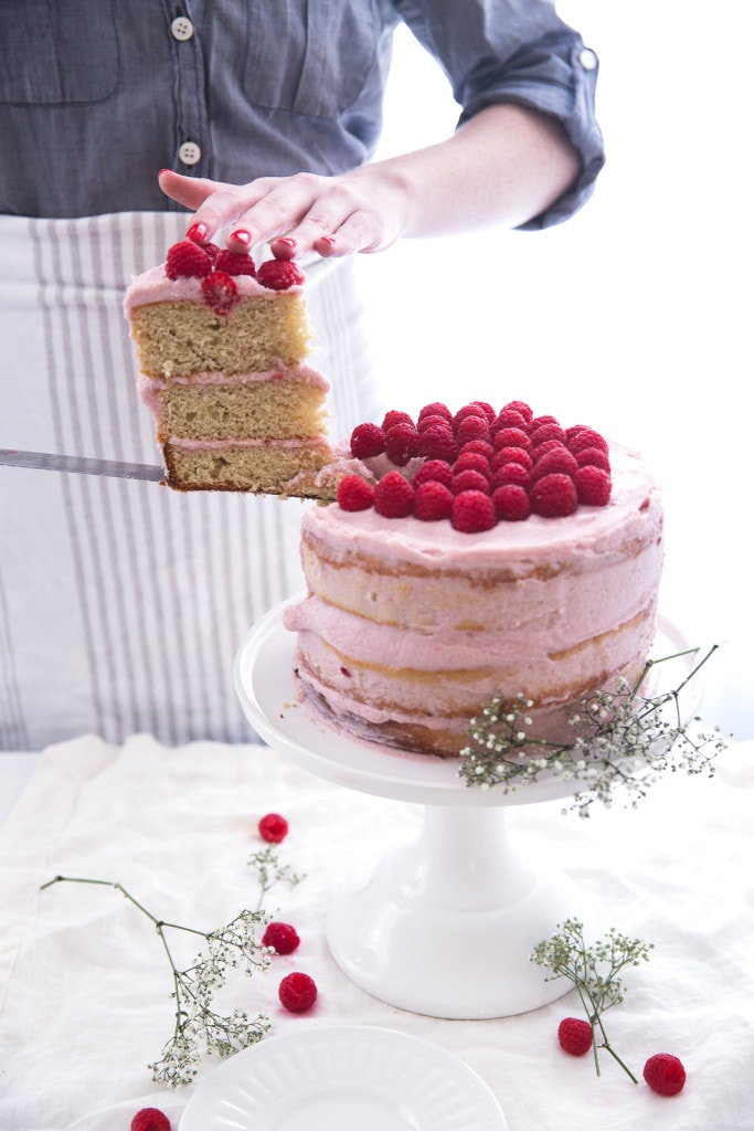 A fluffy banana cake layered with bright raspberry frosting makes for a show stopping springtime dessert.