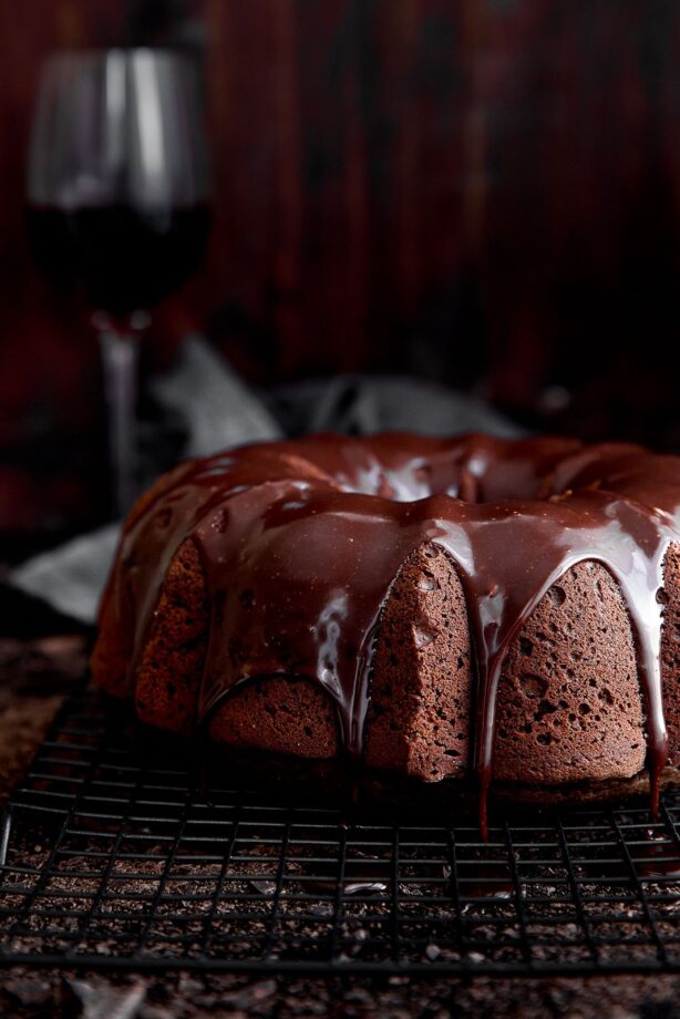 A moist red wine chocolate cake drizzled with red wine chocolate ganache. Swoon!