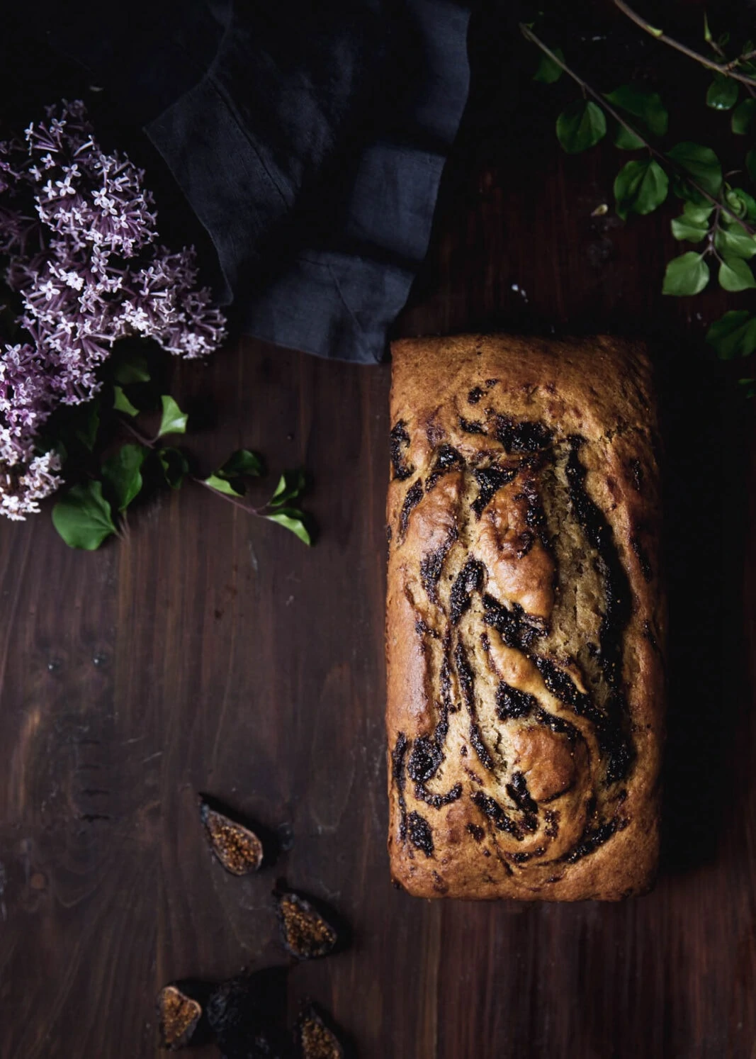 A nutty brown butter banana bread swirled with bourbon-soaked figs. Hello, gorgeous.