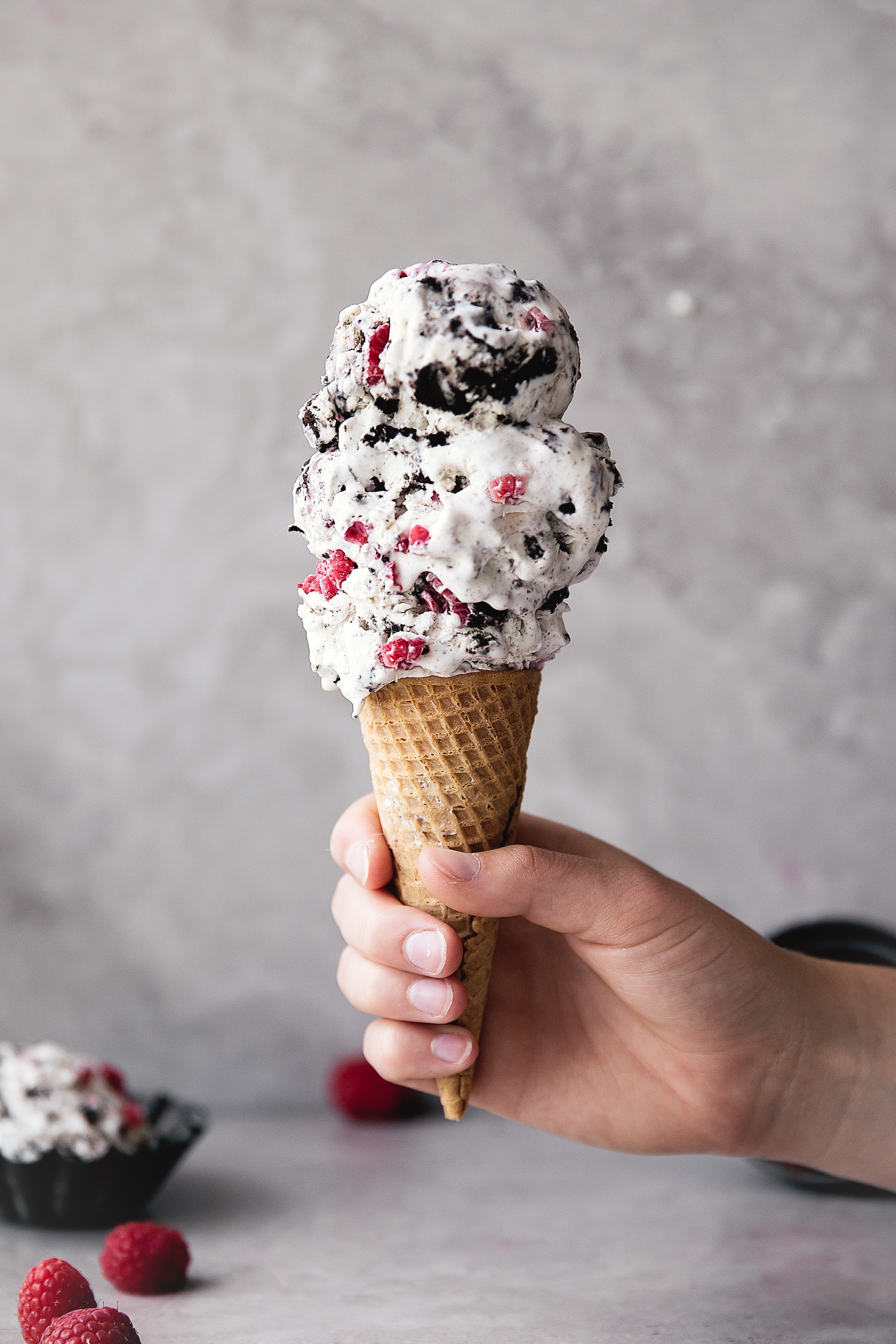 Cookies and Cream Raspberry Ice Cream in a cone