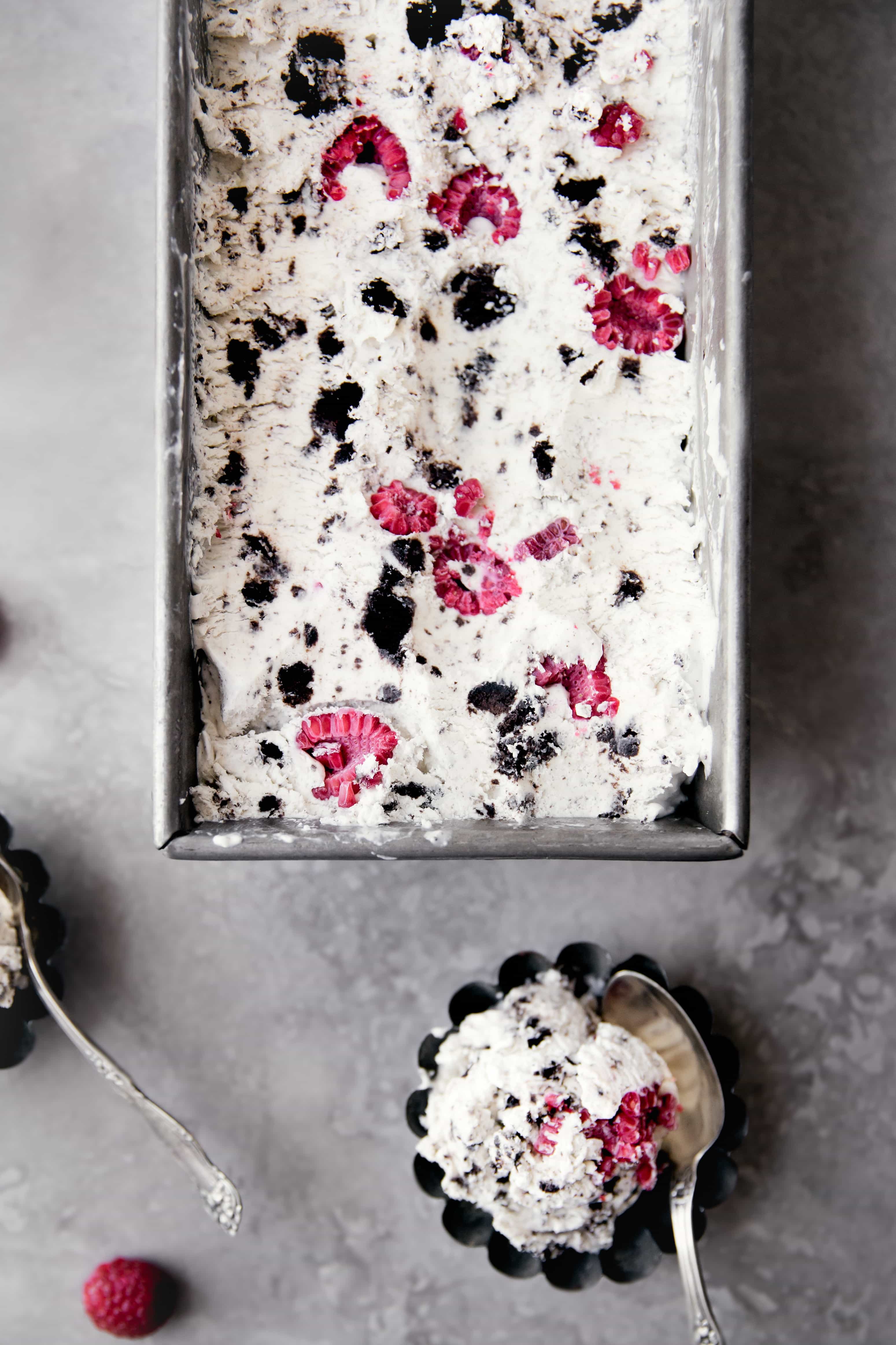 Cookies and Cream Raspberry Ice Cream in loaf pan