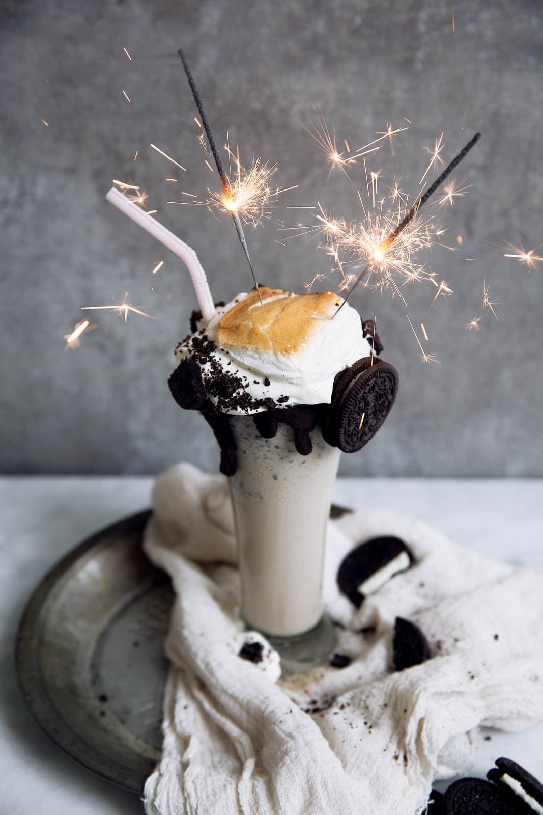 Iced Coffee Cookies and Cream Milkshake with marshmallow and sparklers
