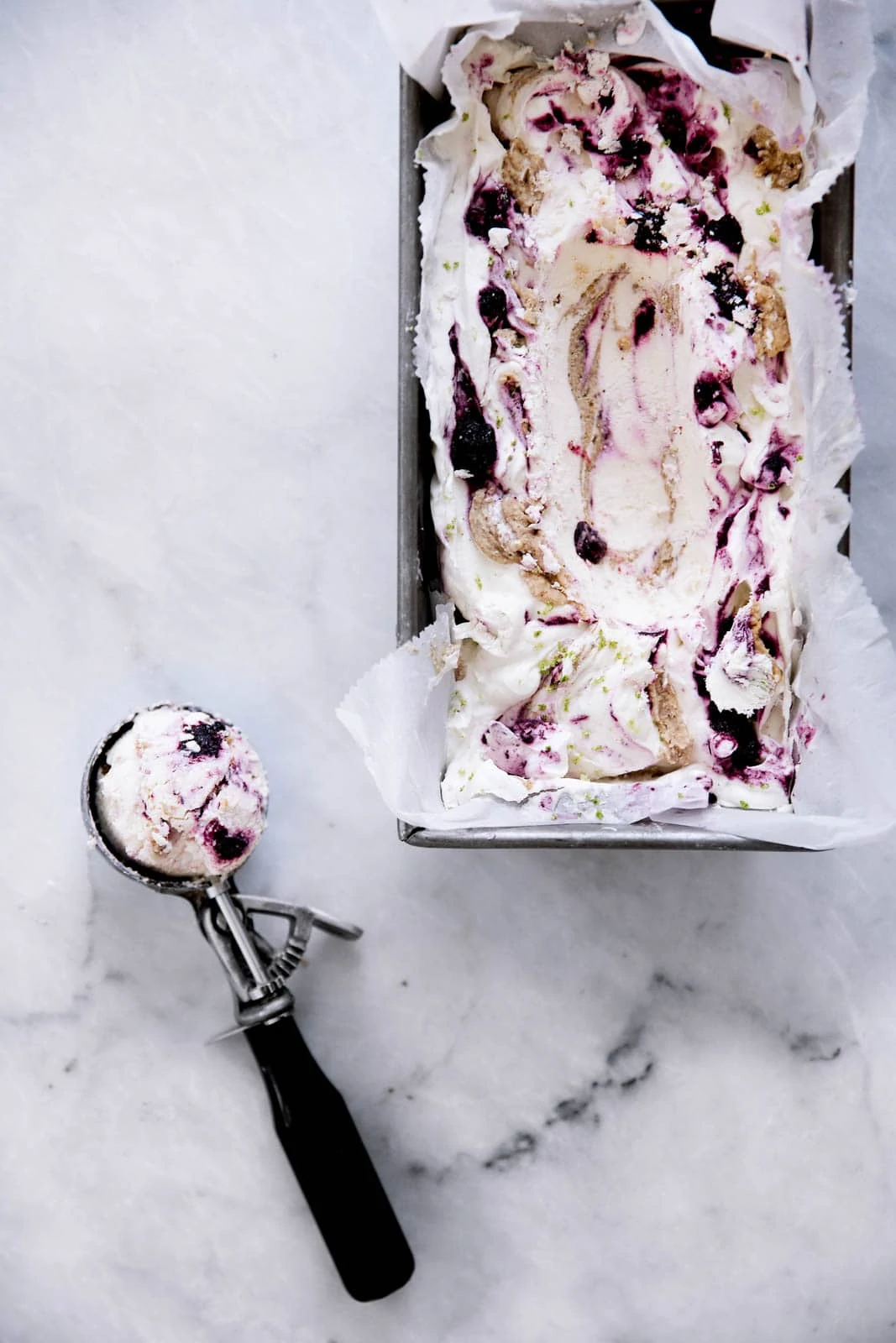 Lime Blueberry Cheesecake Ice Cream in loaf pan