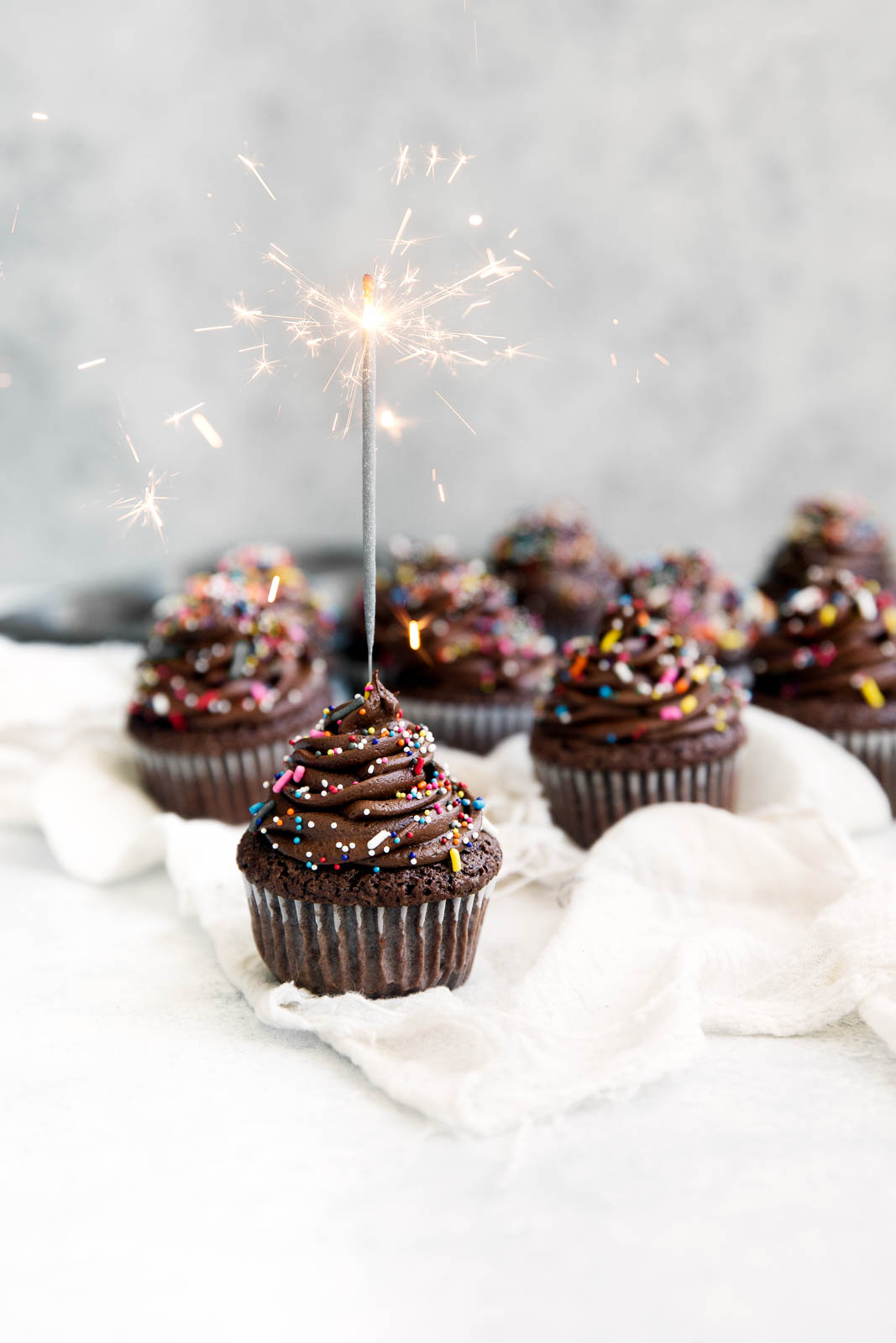 Rich brownie-like birthday cupcakes topped with sinful chocolate frosting and, of course, SPRINKLES!