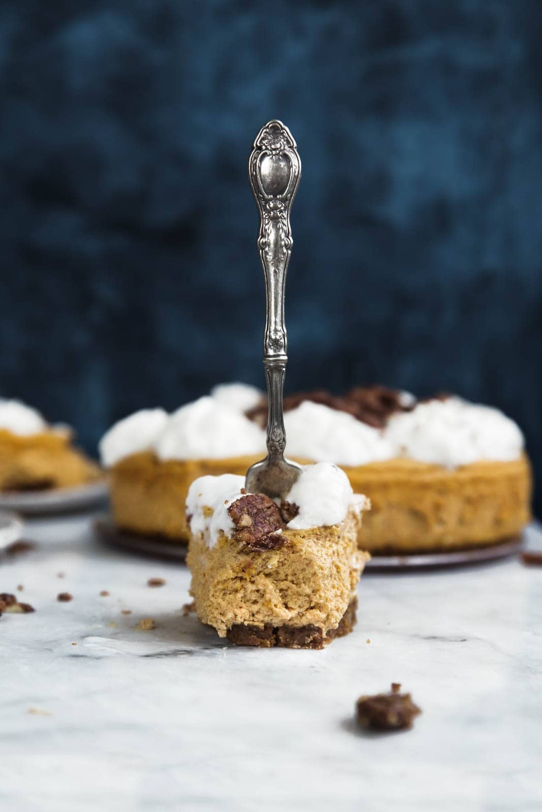 If pumpkin mousse and cheesecake had a lovechild it would be this fluffy cheesecake, sandwiched between a gingersnap crust and pumpkin pie spice candied pecans.