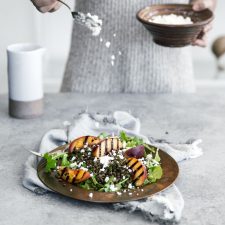 Green Lentil Salad with Grilled Peaches, Goat Cheese, + Rosé Vinaigrette