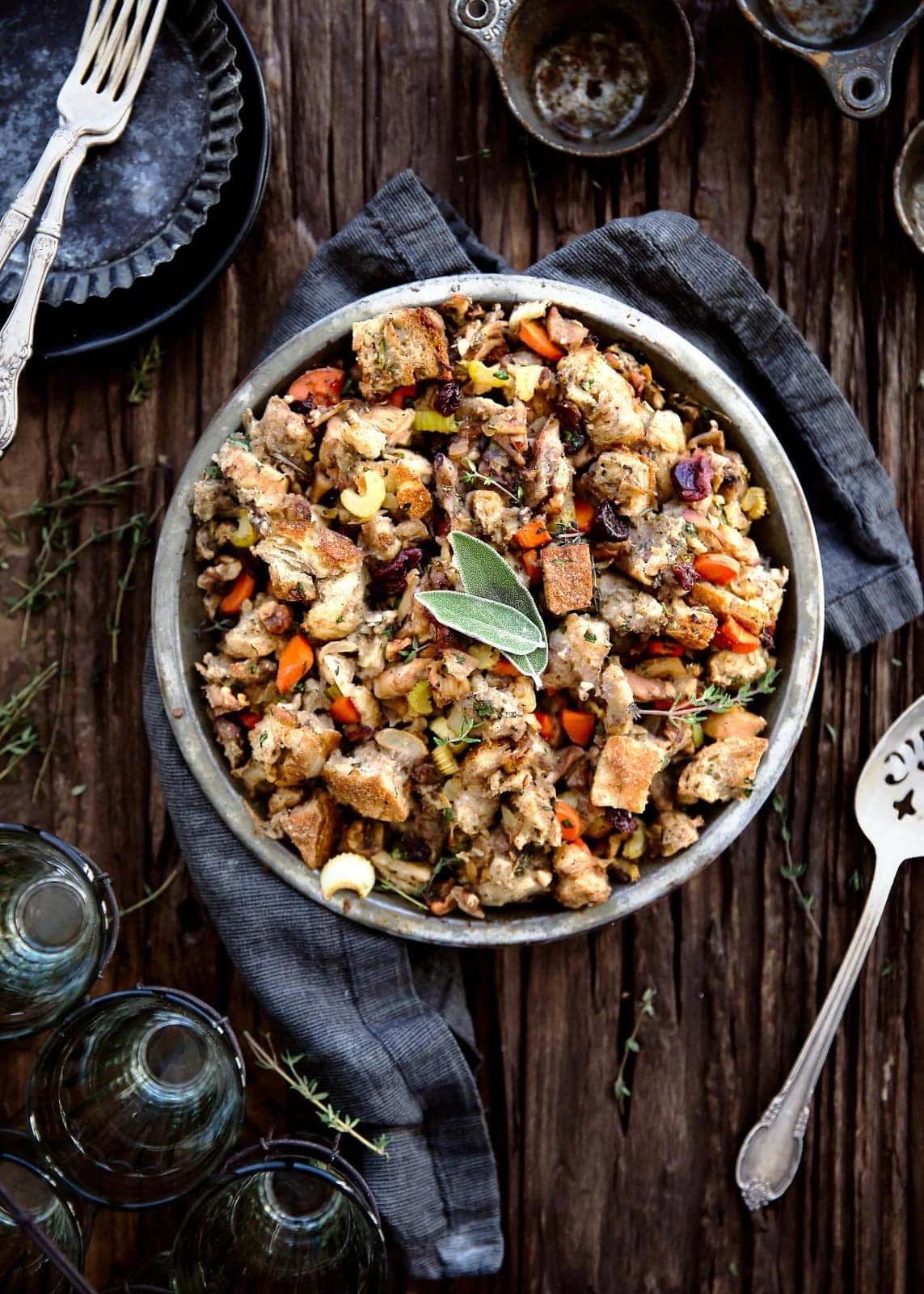 The best part of Thanksgiving is stuffing. So why not make the ultimate Thanksgiving stuffing with sourdough, dark meat chicken, dried cherries, walnuts, and loads of herbs?