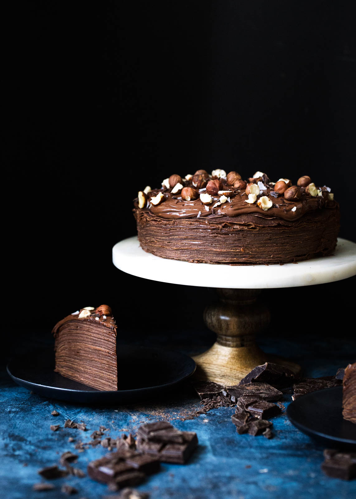 Stacks on stacks of chocolate crêpes and hazelnut pastry cream make for a stunning layered cake.