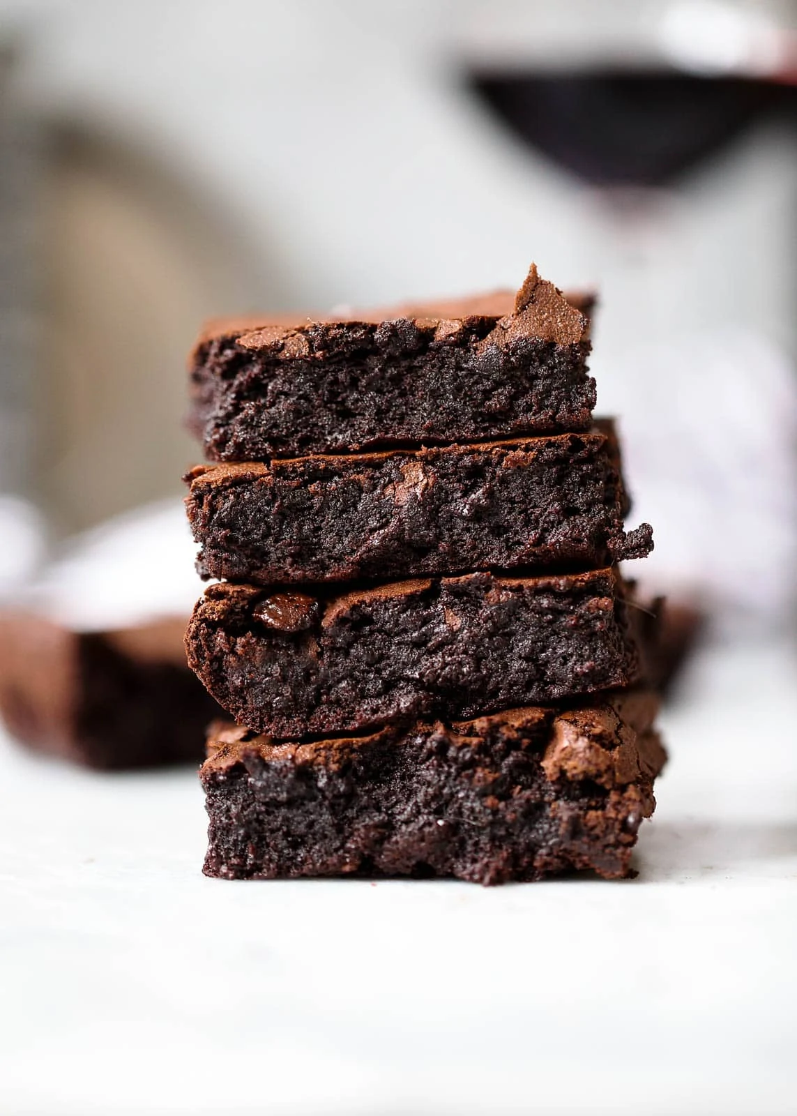 red wine brownies in a stack