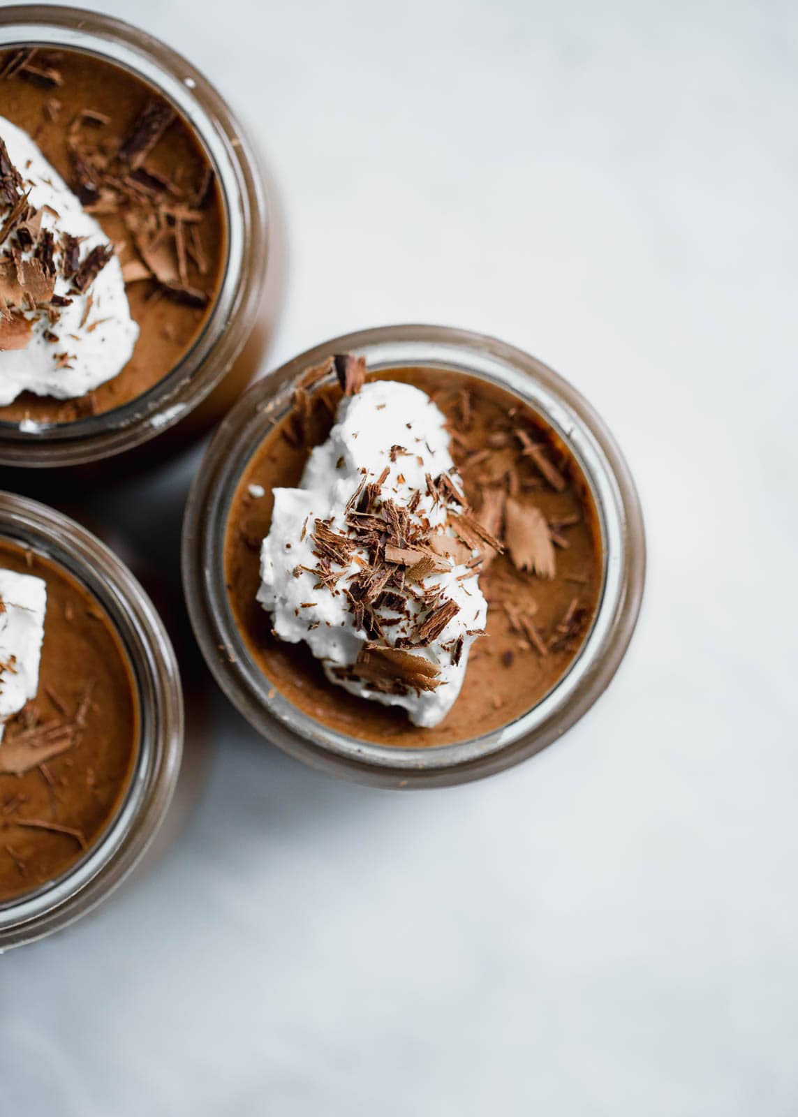 Chocolate Mousse in jars on counter