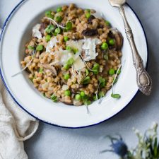 Spring Pea and Mushroom Farro Risotto