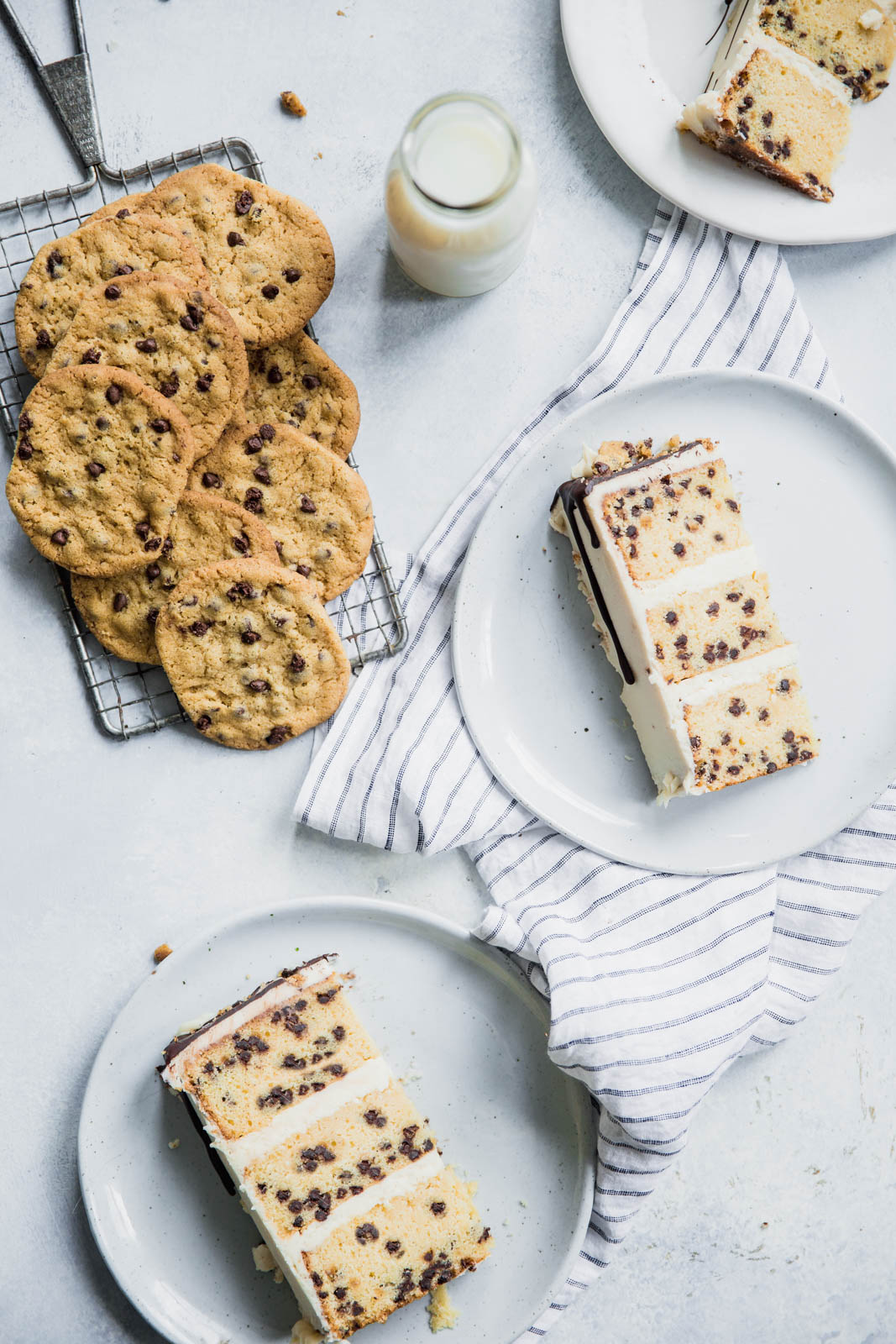 Chocolate chip cake slices next to cookies