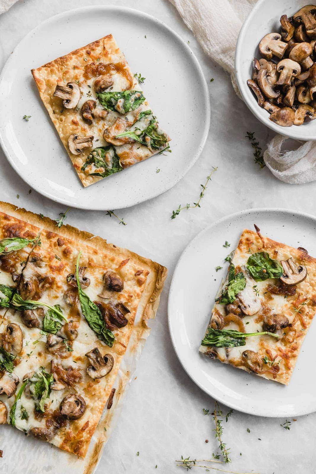 Caramelized Onion, Mushroom, and Spinach Pizza