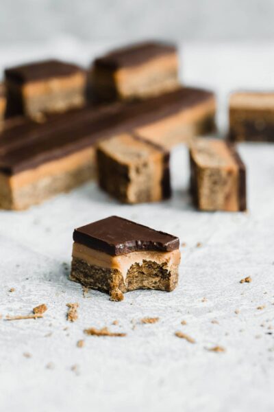 Classic Millionaire Bars get a twist with these Gingerbread Millionaire Bars! Made with spiced ginger shortbread, homemade chewy caramel, and chocolate!