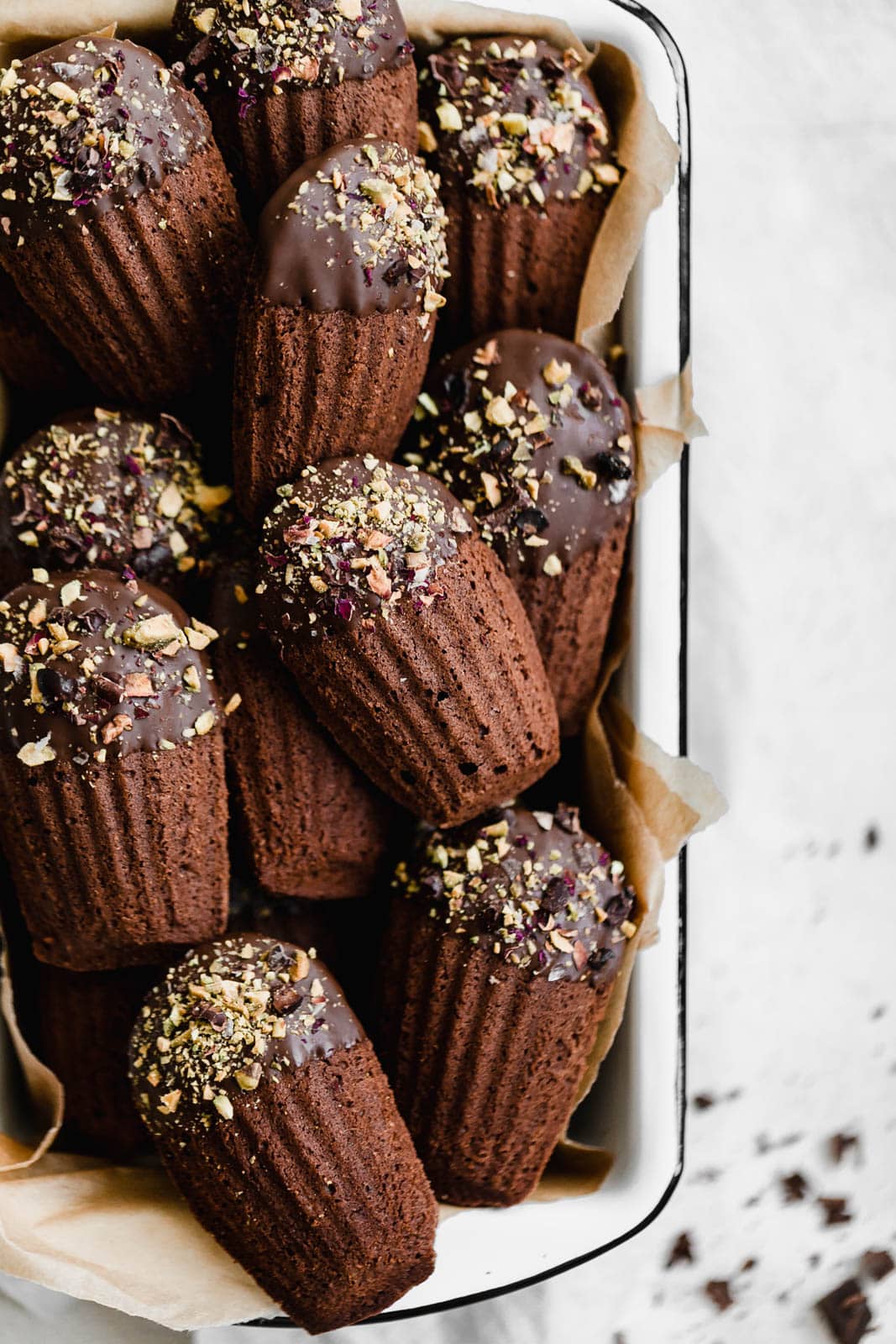 Chocolate-Dipped Chocolate Madeleines in loaf pan