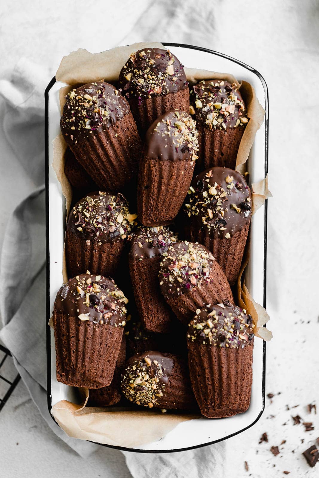 Chocolate-Dipped Chocolate Madeleines in loaf pan