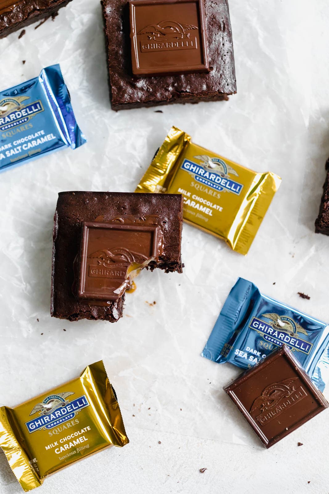 Chocolate Caramel Brownies with Ghirardelli squares 
