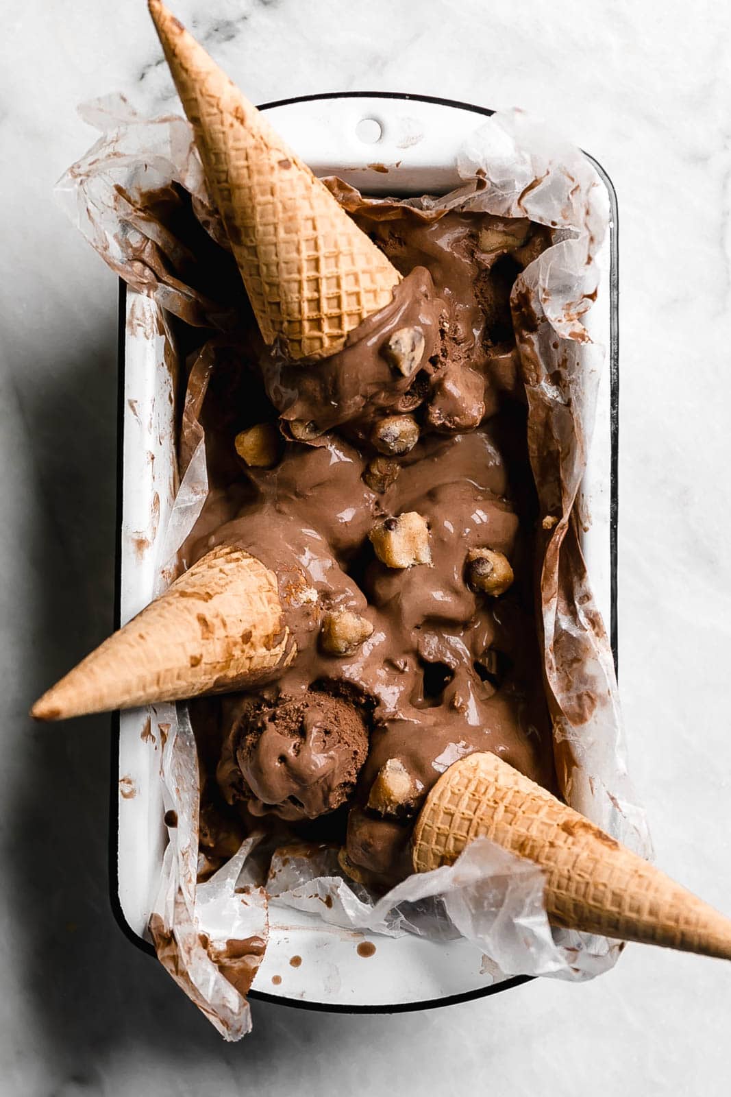 A creamy, dreamy Double Dark Chocolate Cookie Dough Ice Cream made with two types of chocolate and homemade cookie dough pieces. 