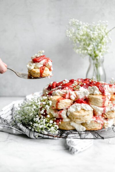 A Giant Pull Apart Strawberry Shortcake Cake perfect for a crowd at your next Fourth of July celebration or backyard barbecue!