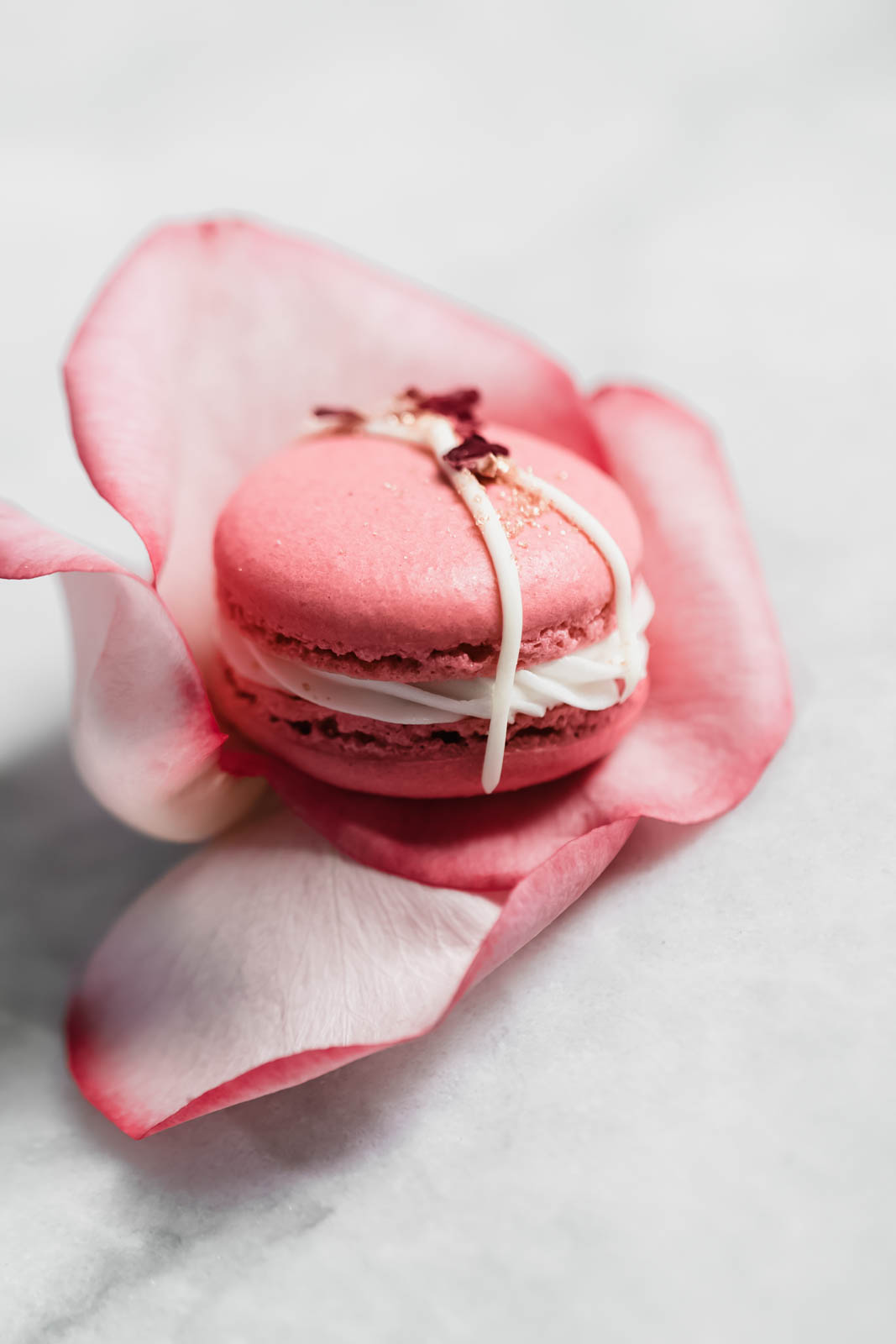 Raspberry Rose Macarons made with rosewater, a vanilla buttercream, and a surprise raspberry preserve center. Simple, elegant, and oh so delicious!! 