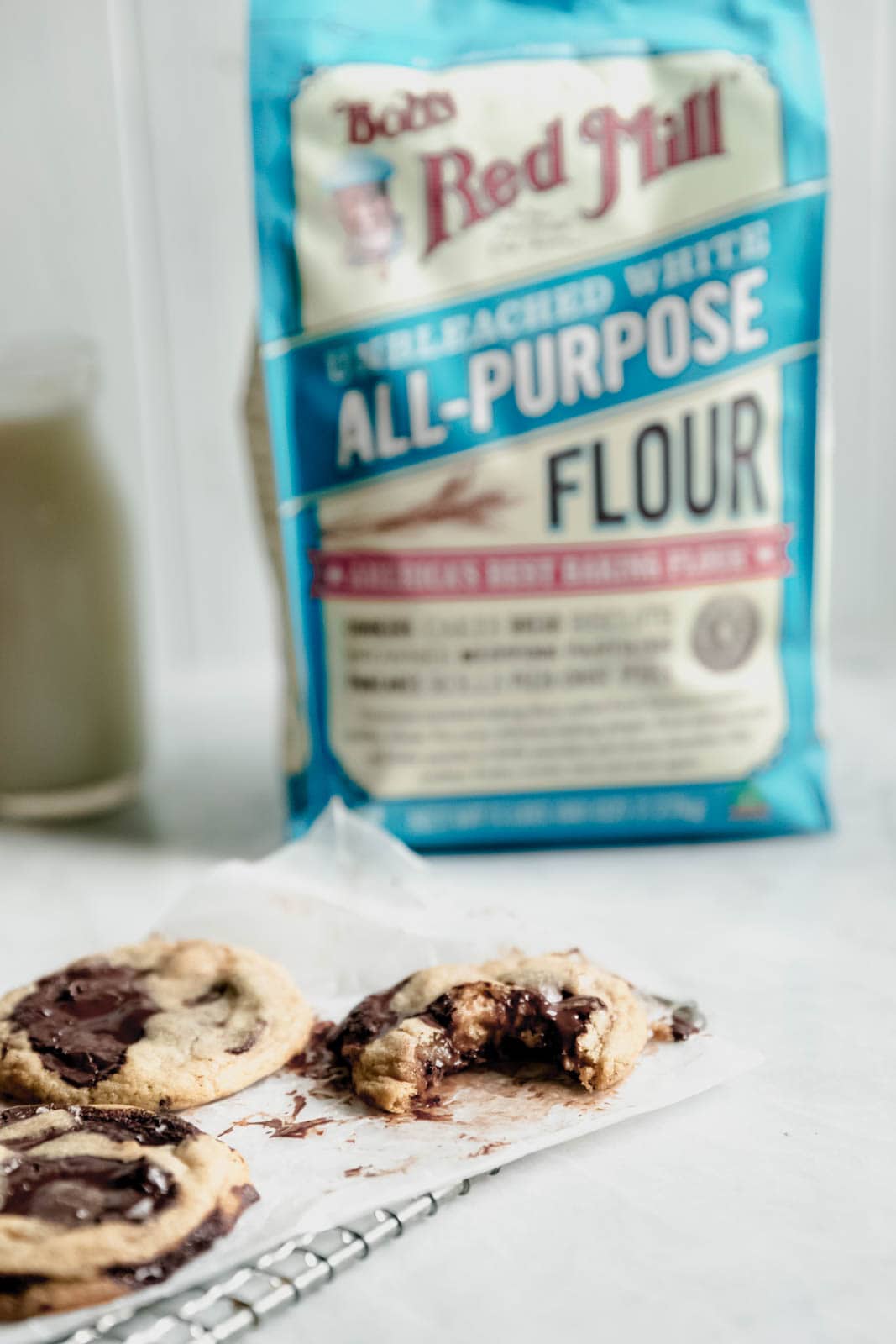 Candied Walnut Chocolate Chip Cookies with bag of flour
