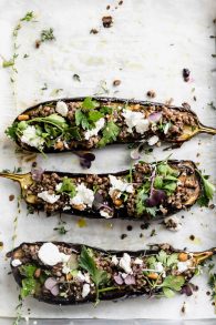 Roasted Eggplant with Goat Cheese, Lentils, and Thyme Recipe