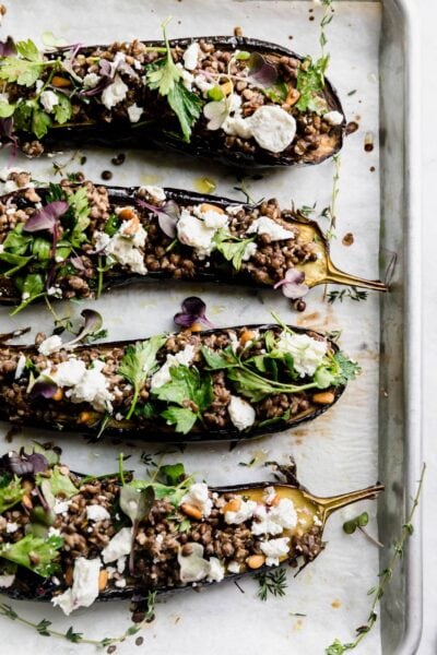 Roasted Baby Eggplant with Goat Cheese and Lentils is a simple, hearty, and satisfying dish you'll want to make every weeknight this winter!